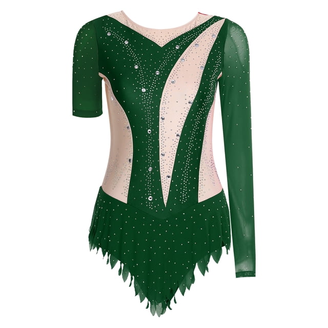 iiniim Justaucorps de Gymnastique Rythmique pour Femmes Manches Irrégulières Robe de Patinage Artistique Vert S