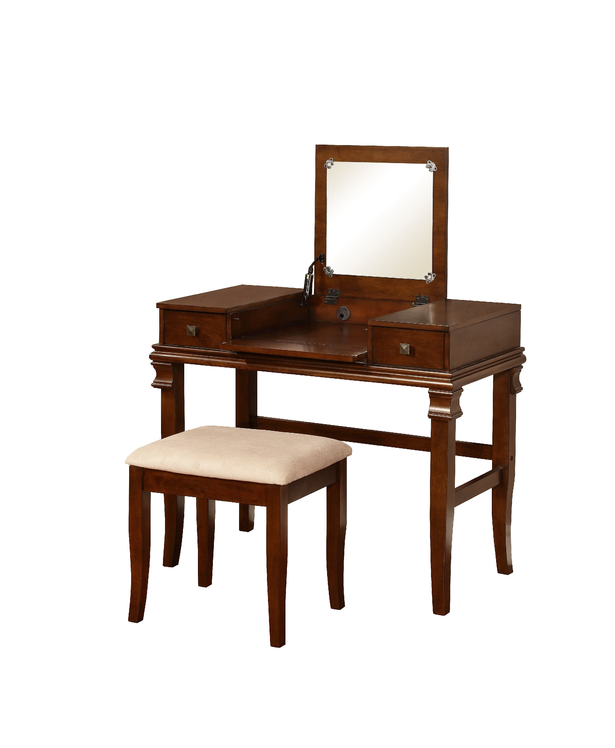 Free Shipping Linon Morton 2 Piece Vanity Set with Flip Top Mirror and Upholstered Stool Walnut Finish with Beige Fabric Walmart