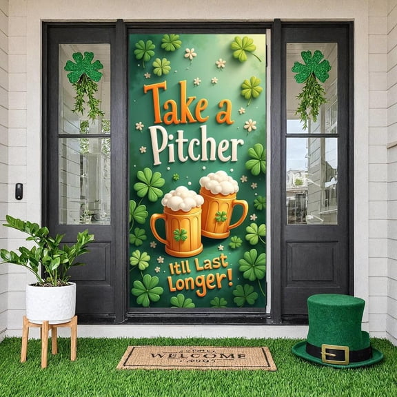 Green Clover St. Patrick's Day Banner Beer Mug Clover Backdrop Foamy Beer Orange Text Festival Background for St. Patrick's Day Party Beer Festival Celebration