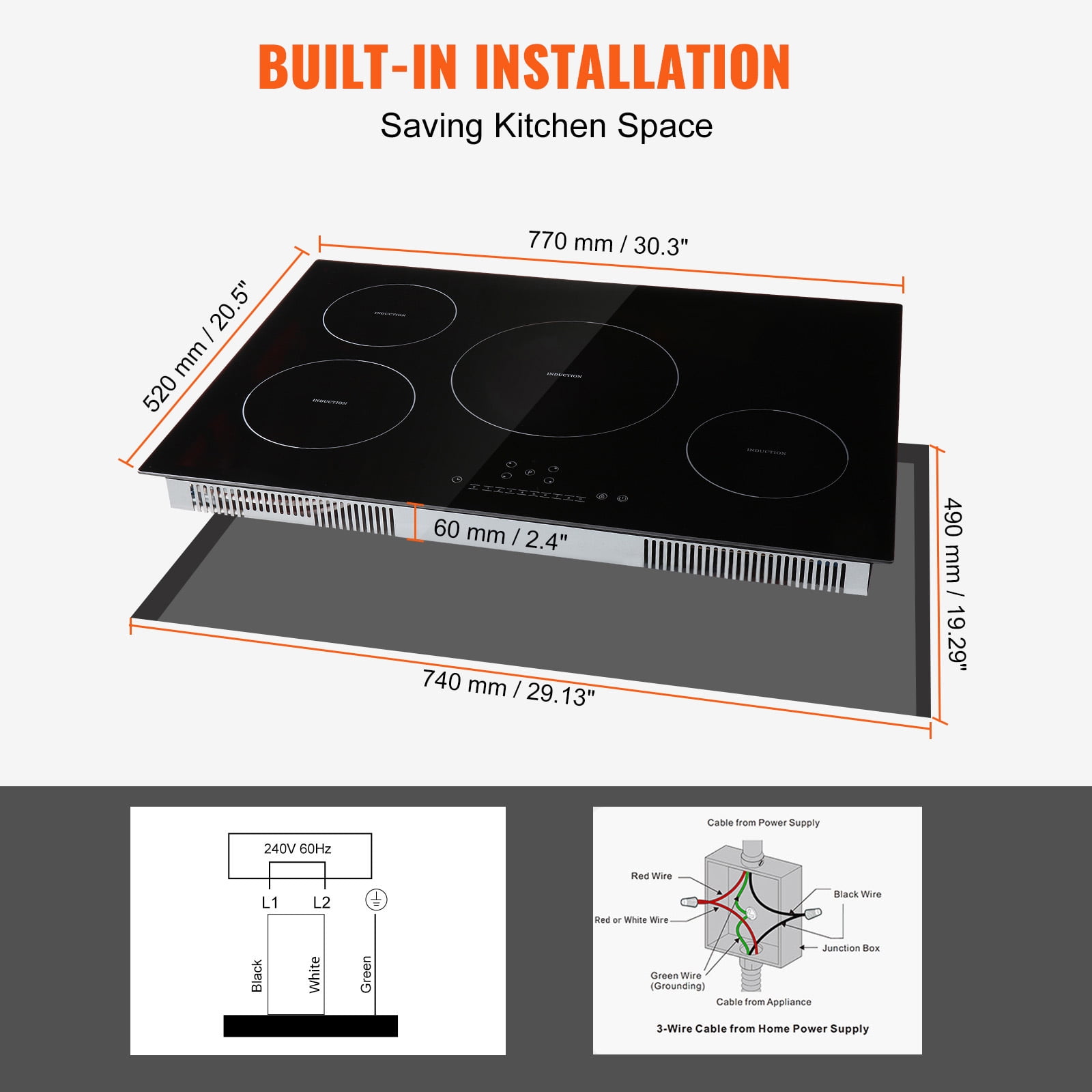 KFFKFF Electric Cooktop, 4 Burners, 30'' Induction Stove Top, Built-in Magnetic Cooktop 7500W, 9 Heat Settings, Multifunctional Burner with LED Touch Controls, Child Lock & Overheat Protection