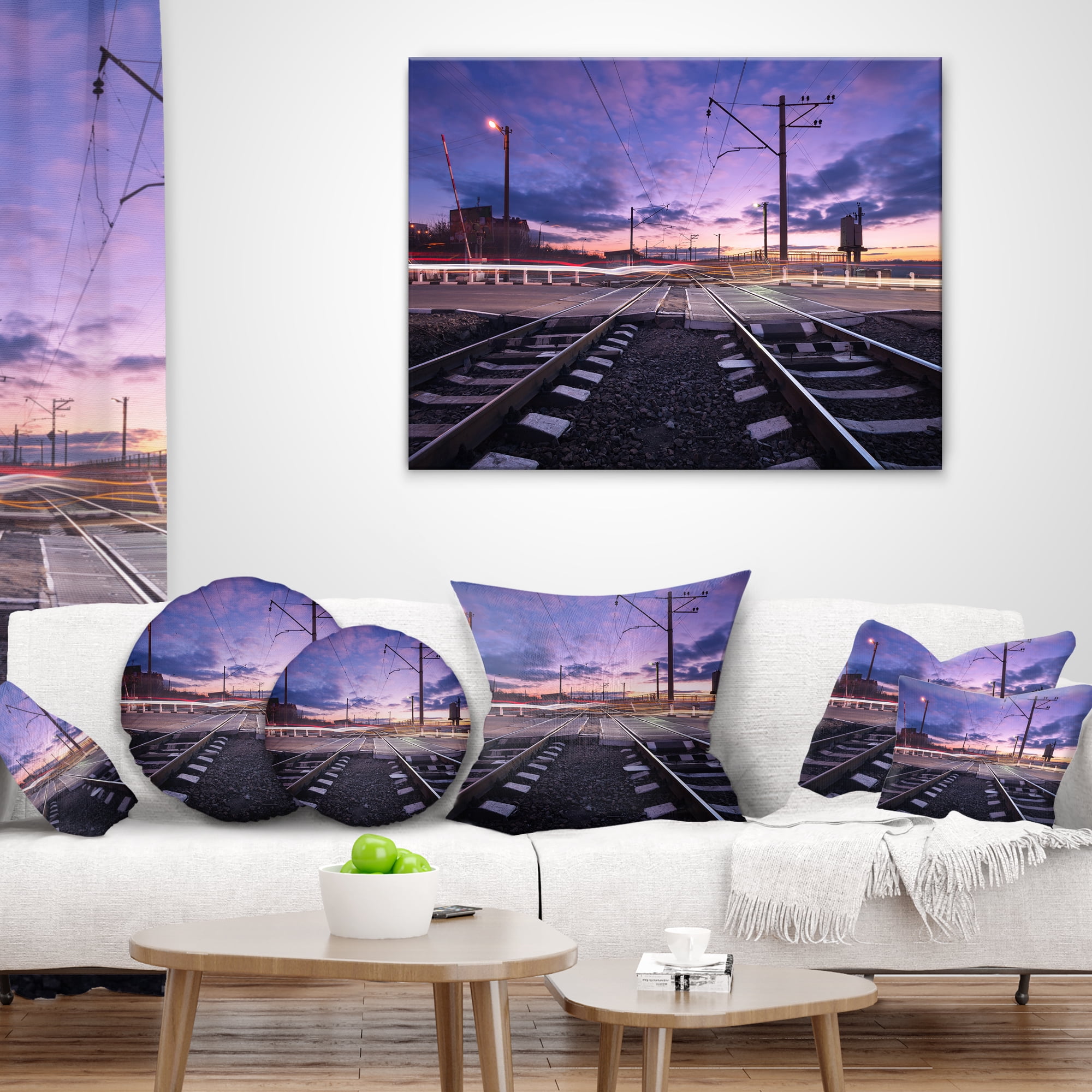 Designart Rail Crossing with Blurred Car Lights - Cityscape Photo Throw Pillow - 12x20