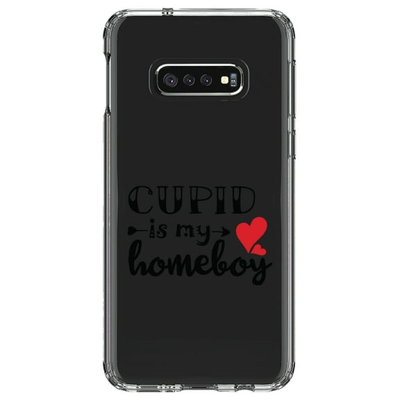 DistinctInk Clear Shockproof Hybrid Case for Samsung Galaxy S10e (5.8" Screen) - TPU Bumper Acrylic Back Tempered Glass Screen Protector - Cupid is My Homeboy - Heart - Valentine