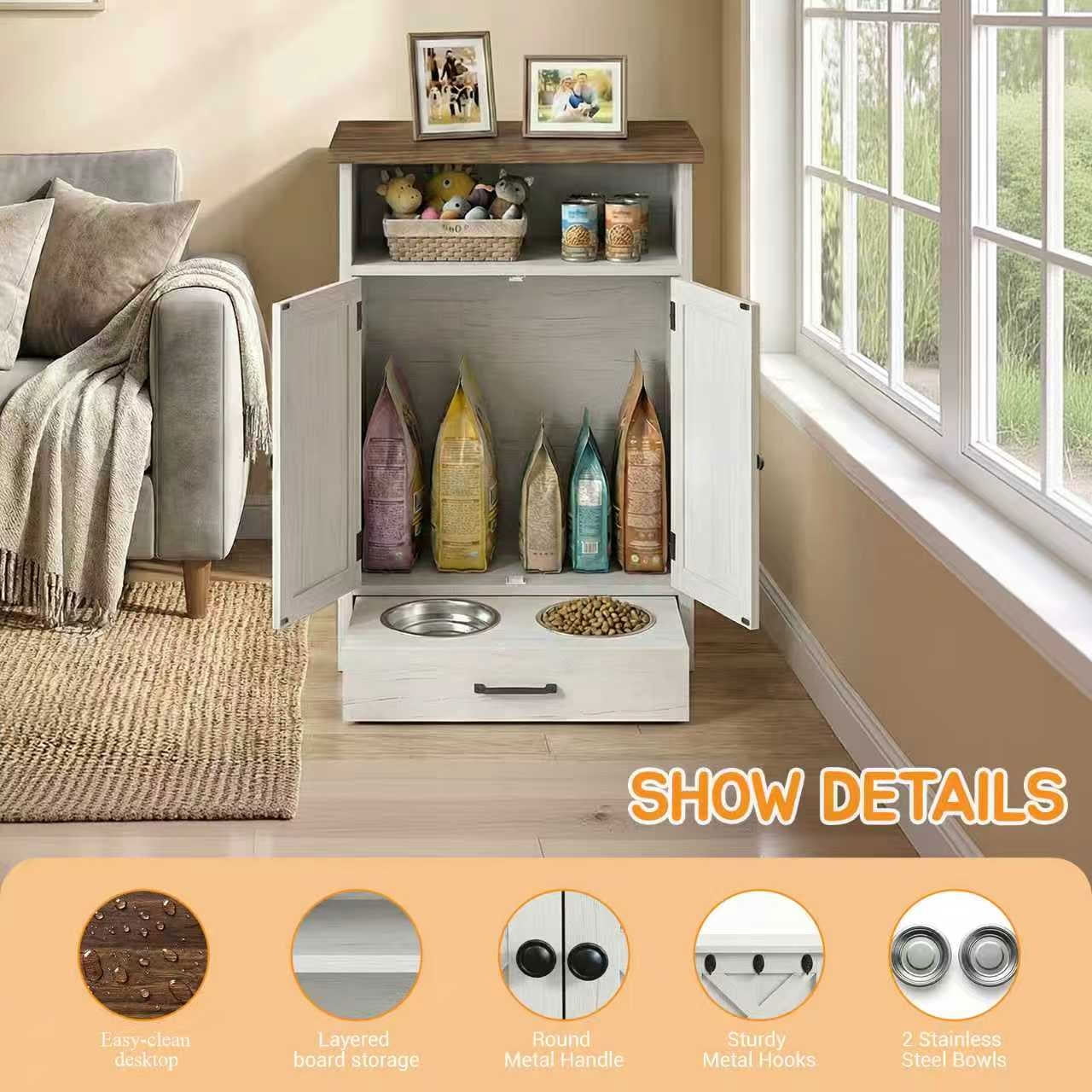 MAYEERTY Dog Feeding Station Cabinet with Elevated Bowls, Farmhouse Pet Feeder Station with Hidden Pull-Out Drawer, for Pet Supplies