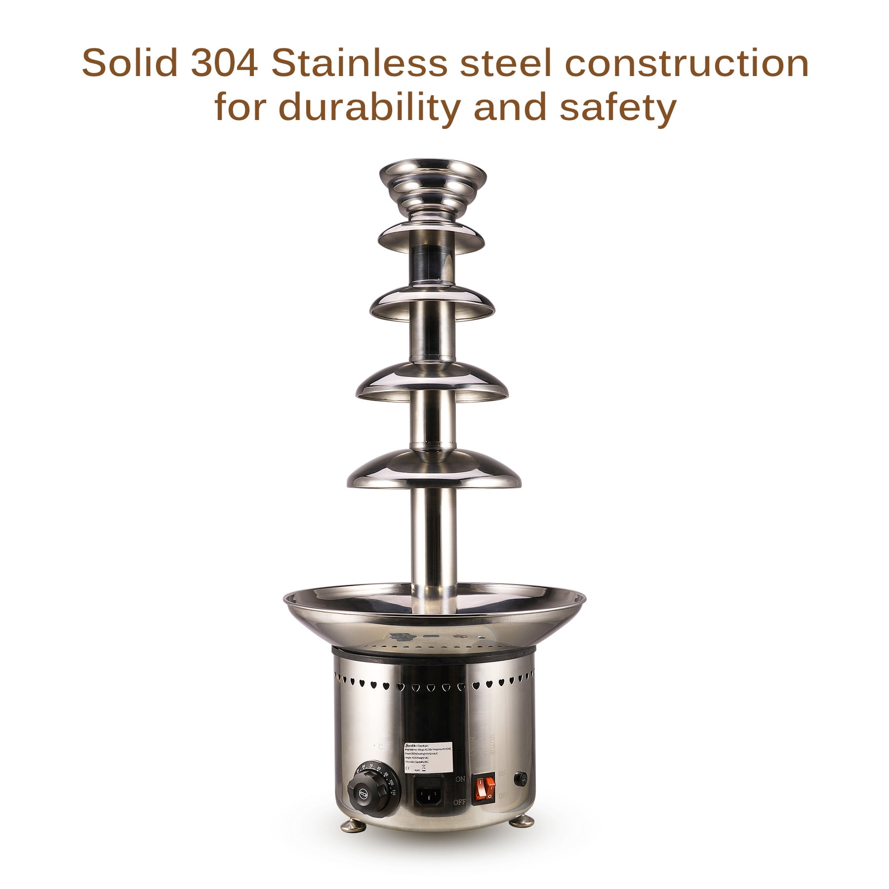 27.6" 5-Tier Heated Chocolate Fountain, Stainless Steel Construction w/Auto Temperature Control 86°- 230° F, for Up to 50 Guests