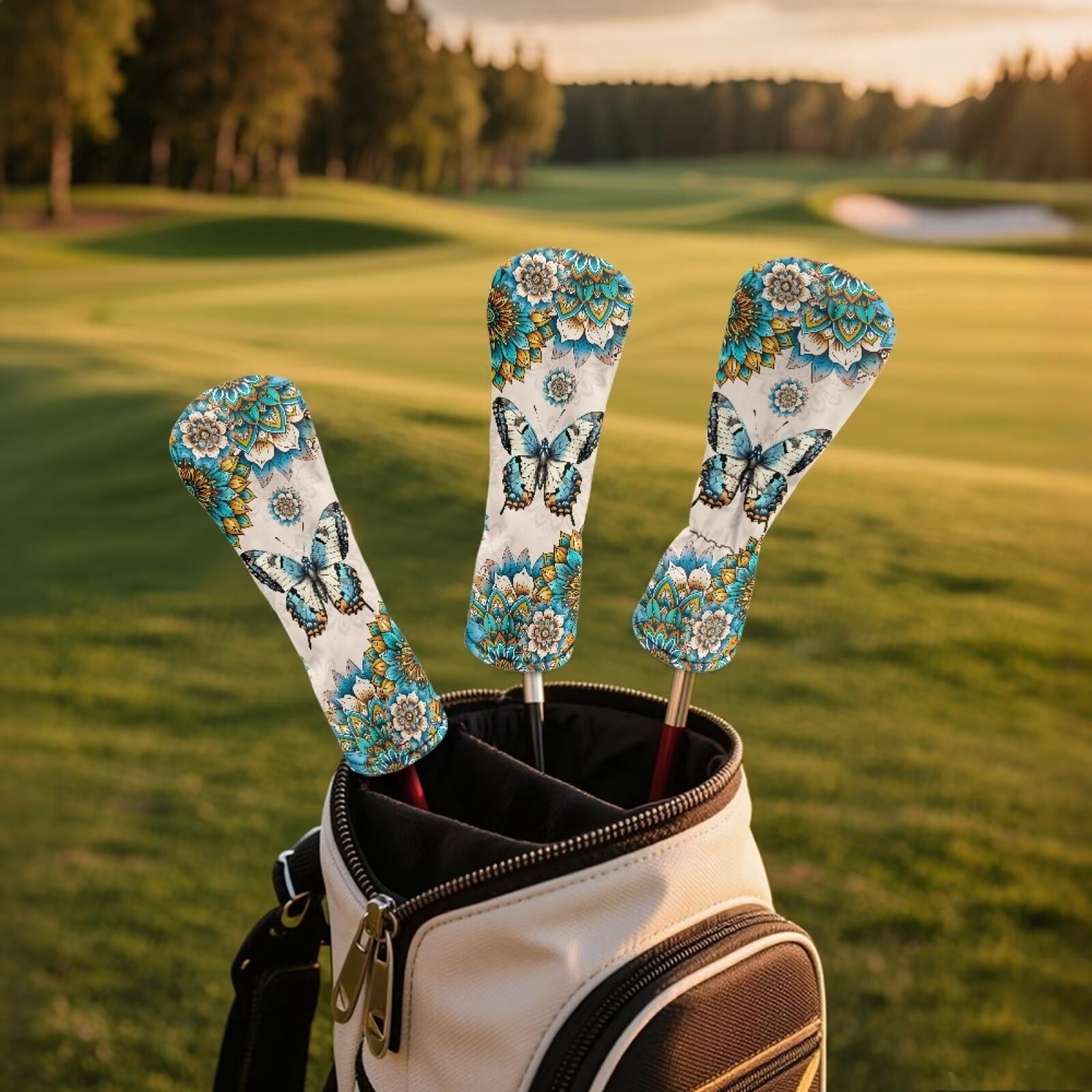 Uorisanigo Golf Club Head Cover PU Leather 3 Pcs Boho Mandala Butterfly Golf Headcovers for Woods and Driver Fairway Hybrids Women, Durable and Stain Resistant, Accessories Protection