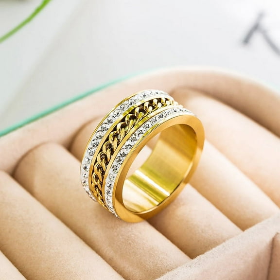 Anxiety Fidget Spinner Rings for Men Women 14K Yellow Gold Iced Out Spinning Rotate Chain Ring Punk Anti Stress Jewelry