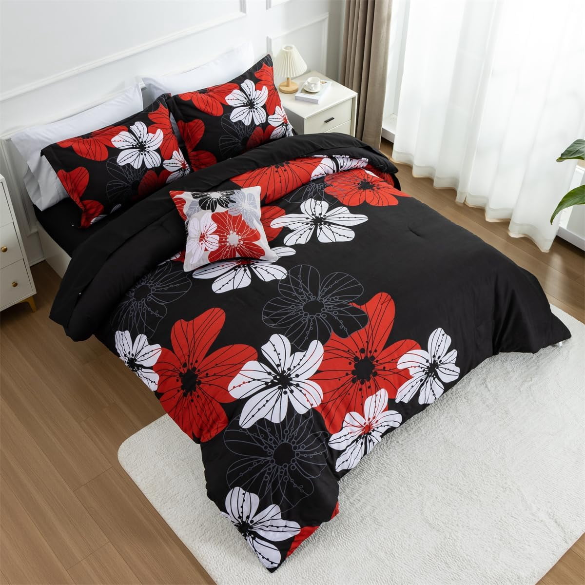 NTBED Floral Comforter Set King 6 PCS Bed in a Bag Red Flowers Printed on Black Botanical Bedding Sets Boho