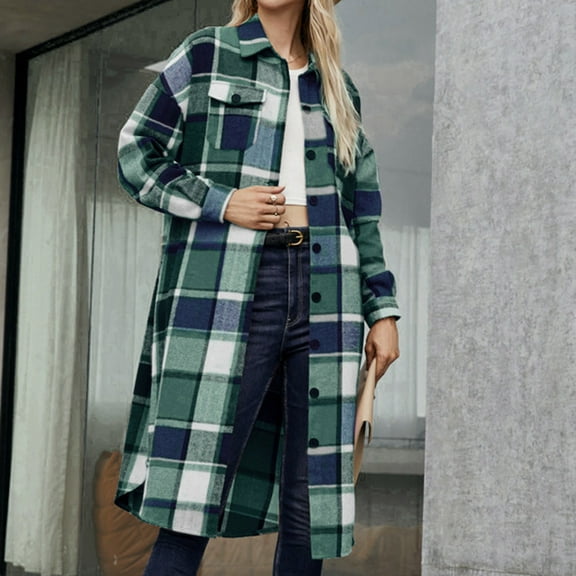 BLTIBY Womens Single-Breasted Long Coat Fall Winter Plaid Printed Lapel Collar Coats Warm Elegant Fashion Jackets with Pockets Green L