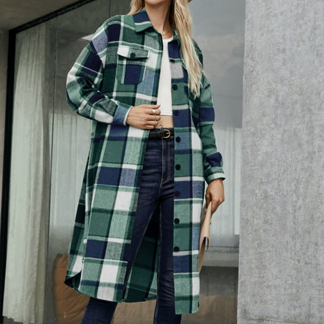 Abrigo informal de manga larga sin capucha y chaquetas para mujer, estilo retro, medio largo, informal, de manga larga, a cuadros