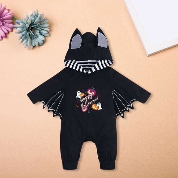 EnJoCho Pumpkin & Skeleton Print Halloween Romper for Babies, Zipper Front Romper with Cute Bat Wing Hood