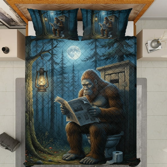 Lotusprinthandmade Funny Bigfoot Forest Quilt Bedding Set (White Binding) 5 Sizes (Made in Vietnam) (55x60), funny bigfoot decor, forest quilt bedding set