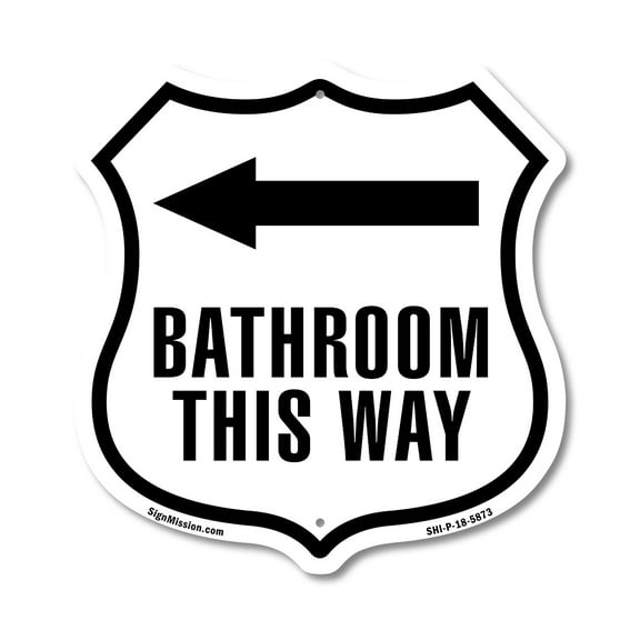 Bathroom This Way Left (5 Pack) 12 inch X 12 inch Shield-Shaped Rust-Free Aluminum Metal Signs Weather Resistant Made in the USA