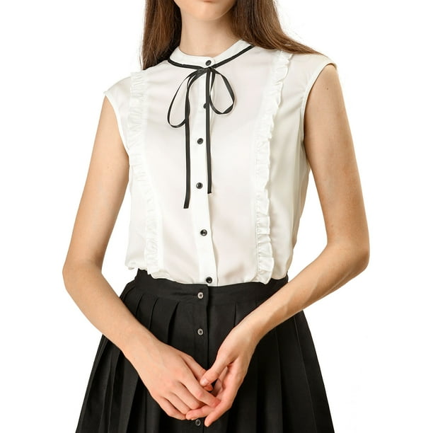 Camisas de verano con cuello atado y mangas cortas para mujer estilo chic INSPIRE, botón, volantes, XS, blanca