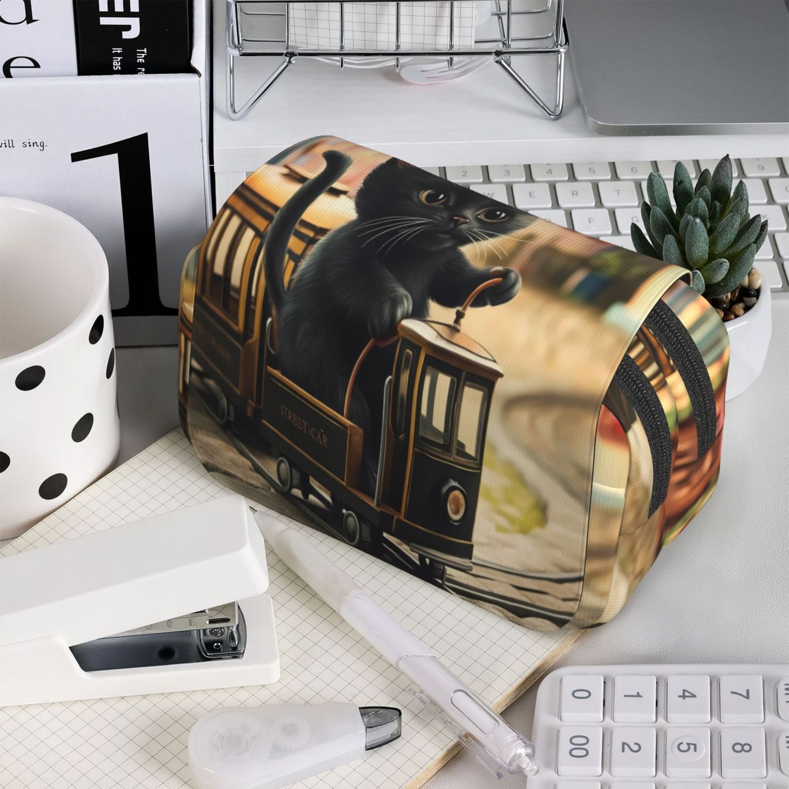 Rateoe Adorable Kitten On Mini Train Pattern Double Clamshell Pen Case, Storage Organizer with Two Zipper Compartments– Holds Up to 50 Pencils & Pens