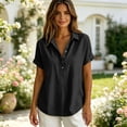 thumbnail image 4 of Linen Tops for Women Summer Gauze Shirts Button Down Short Sleeve V Neck Blouses Dressy Casual Tunic Clothes Black L, 4 of 8