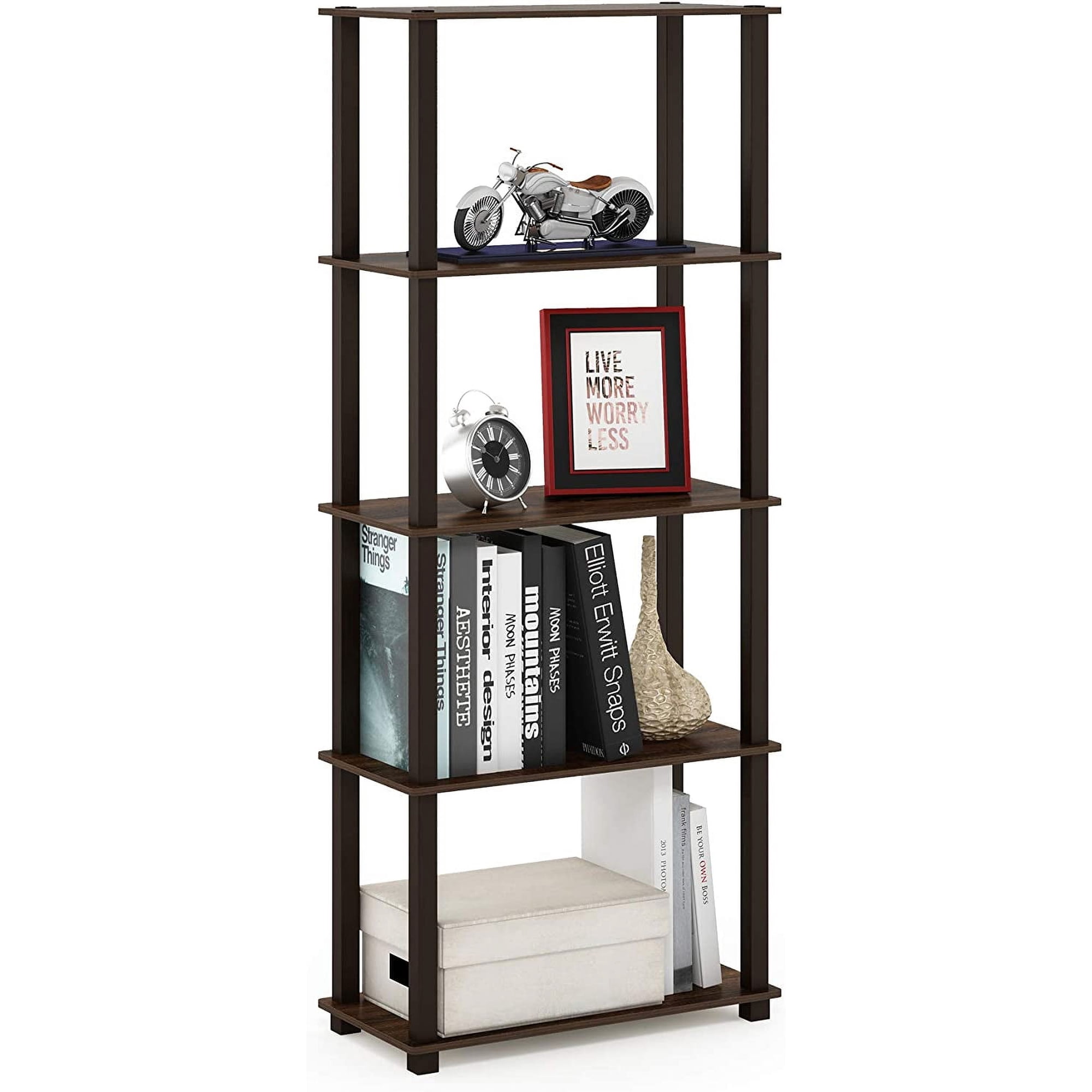 TURN-S-TUBE Book Shelf 5-Tier Toolless Storage Shelves with Square Tubes Shelving Unit for Organization and Storage for Living Room Home Office Walnut