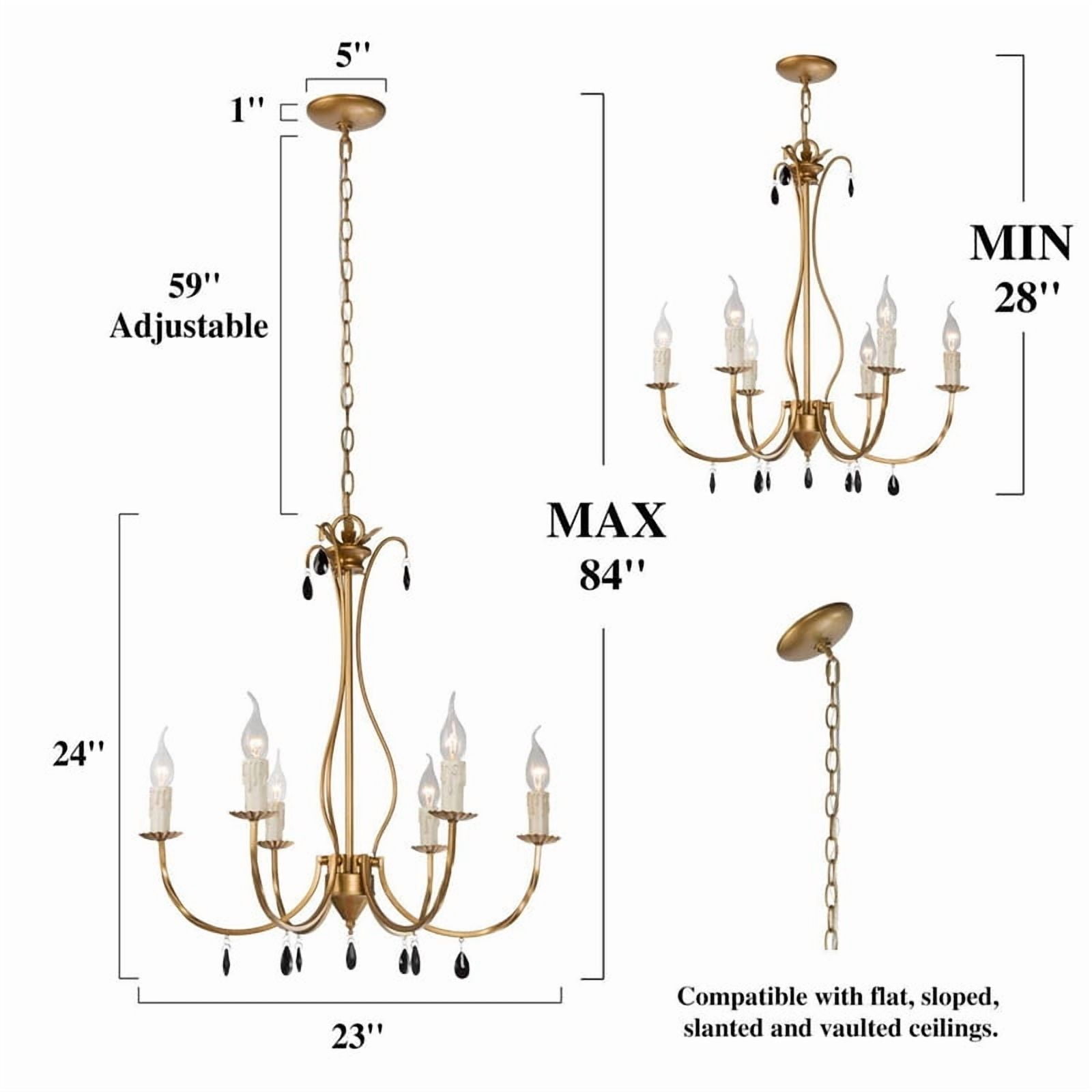 LNC Zirndorfer 6-Light Antique Brushed Gold Candle Chandelier with Black Crystal Accents