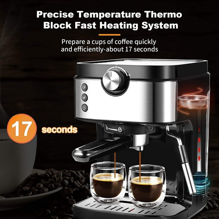 2-Cup Silver 20-Bar Espresso Machine Coffee Maker with ESE POD Filter, Milk  Frother Steam Wand, Thermometer, Water Tank
