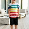 thumbnail image 4 of YABCSAZ Boys Summer Outfit Sets Short Sleeve T-Shirts Tops and Wide Leg Bermuda Shorts Kids Sets Striped Graphic Summer Clothes Loose Casual Baby 2Piece Playwear Sets Size 6 Years, 4 of 5
