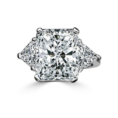 - 15 CT. Radiant Classic Style Ring W/Two 1.50 Ct Triangular Sides Simulated Diamond Sterling Silver Platinum