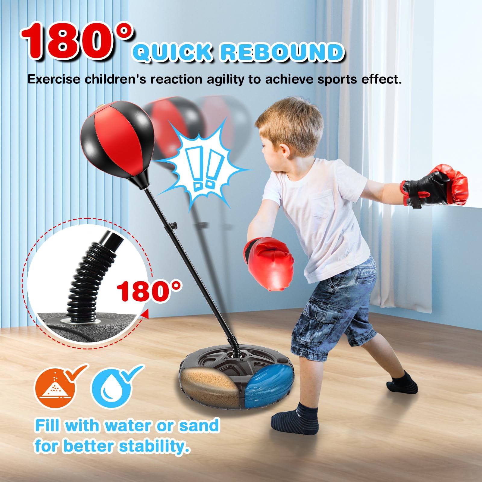 JBeeCtrl Punching Bag for Kids with Adjustable Stand Boxing Bag with Boxing Gloves Punching Bag Boxing Toy Set Sport Game Toys for Boys and Girls Ages 3-10 Years Old