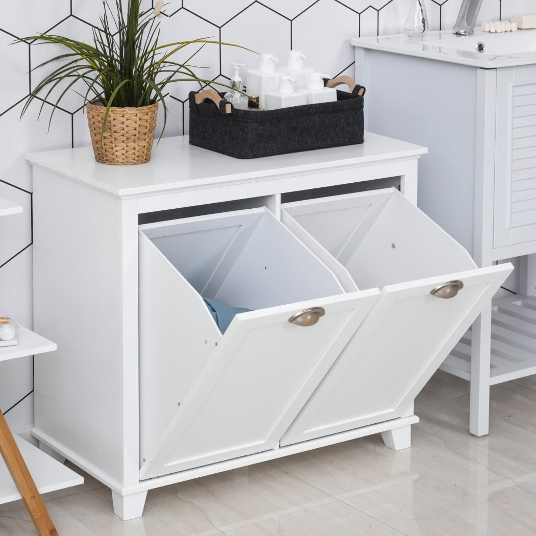 Tilt-Out Laundry Cabinet with 2 Hampers, Freestanding Laundry Sorter, Bathroom Storage Cabinet with Double Compartments, White