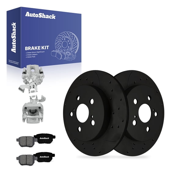 AutoShack Rear Brake Rotors, Premium Pads & Calipers for Toyota, Prius 2010-2013 Prius Plug-In 2012-2013, FWD L4 1.8L - E-Coated Drilled & Slotted - Black Finish - NightGuard - 10.2" (259 mm), 5-Lug