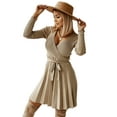 thumbnail image 2 of hirigin Women Fashion Wild Sweater Dress Solid Color V-Neck Long Sleeve A-line Dress Autumn Winter Knitted Pleated Dress with Belt, 2 of 9