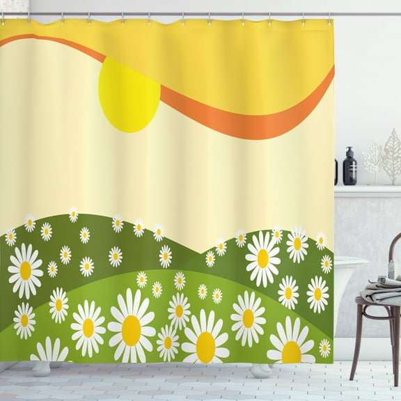 Ambesonne Nature Shower Curtain, Daisy Flower Field Sun, 69"Wx70"L, Earth Yellow Lime Green