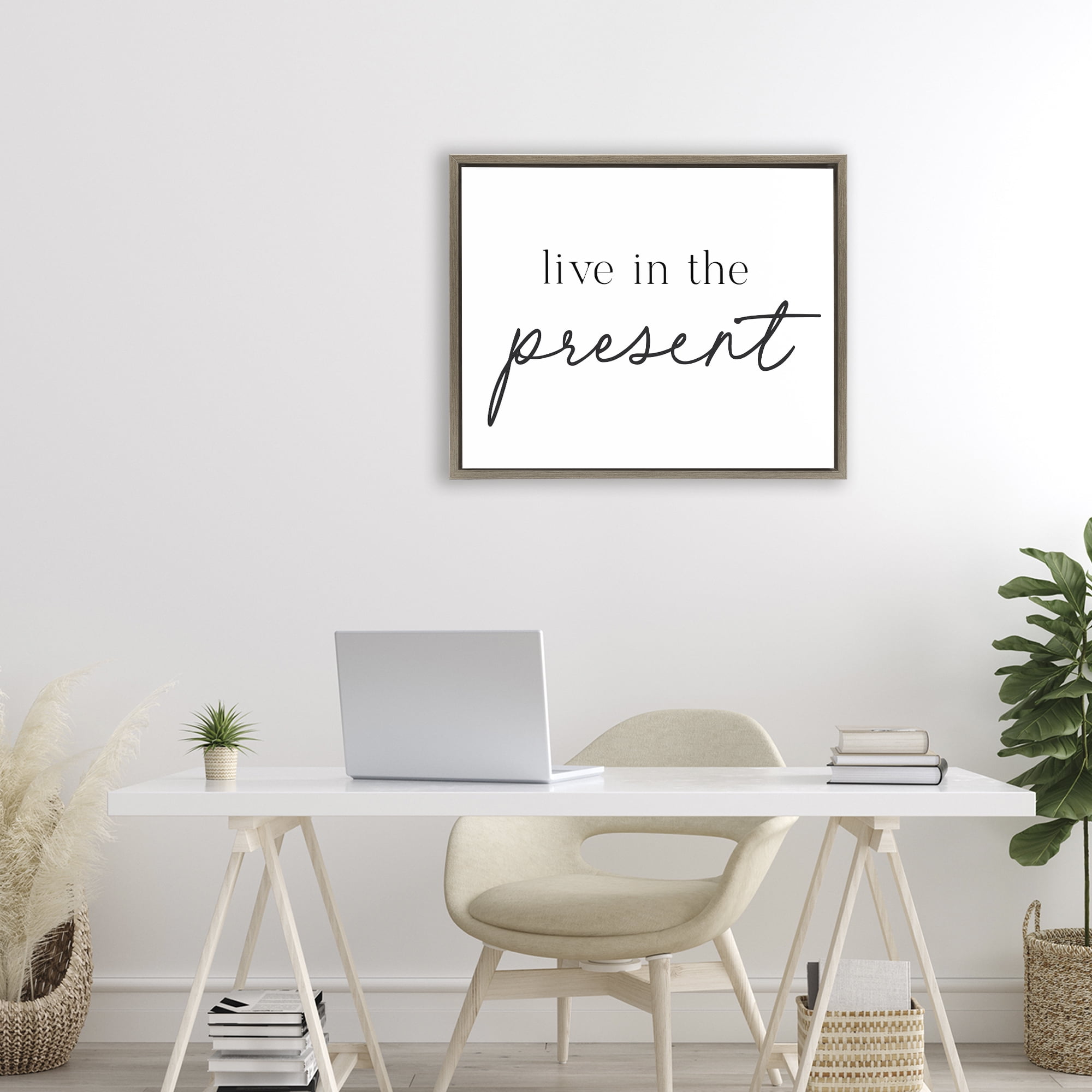 Live In The Present Brown Framed Floater Canvas Wall Art, design by Lettered and Lined
