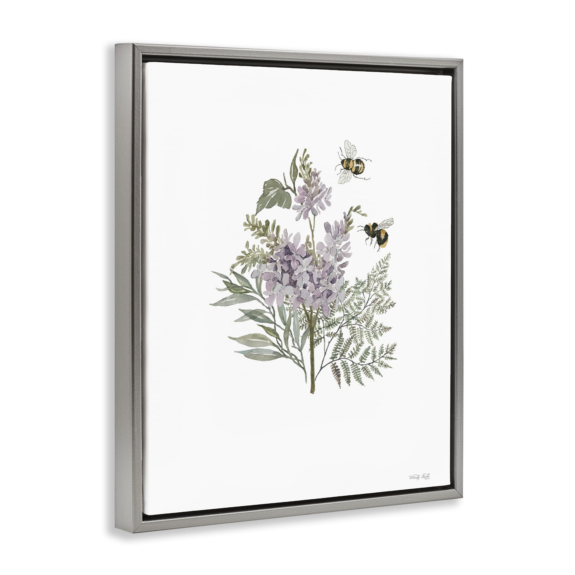 Stupell Industries Lilacs & Bumble Bees Animals & Insects Painting Gray Floater Framed Art Print Wall Art, 17 x 21