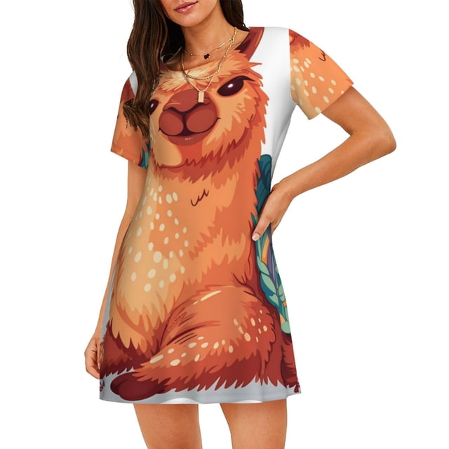 Disketp Cozy Knitting Llama para Camisón Corto de Manga Corta para Mujeres, Camisón Cómodo con Escote Redondo, Bonito y Confortable