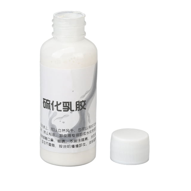 maquillaje líquido látex nikou cicatrices heridas efectos especiales 50ml frasco abierto, envase cilíndrico plástico con etiqueta impresa y tapa roscada separada; látex de textura líquida visible, indicado para maquillaje de cine y televisión y modelado de cicatrices, prótesis pequeñas y otros efectos especiales, también adecuado para teatro o fiestas de Halloween.