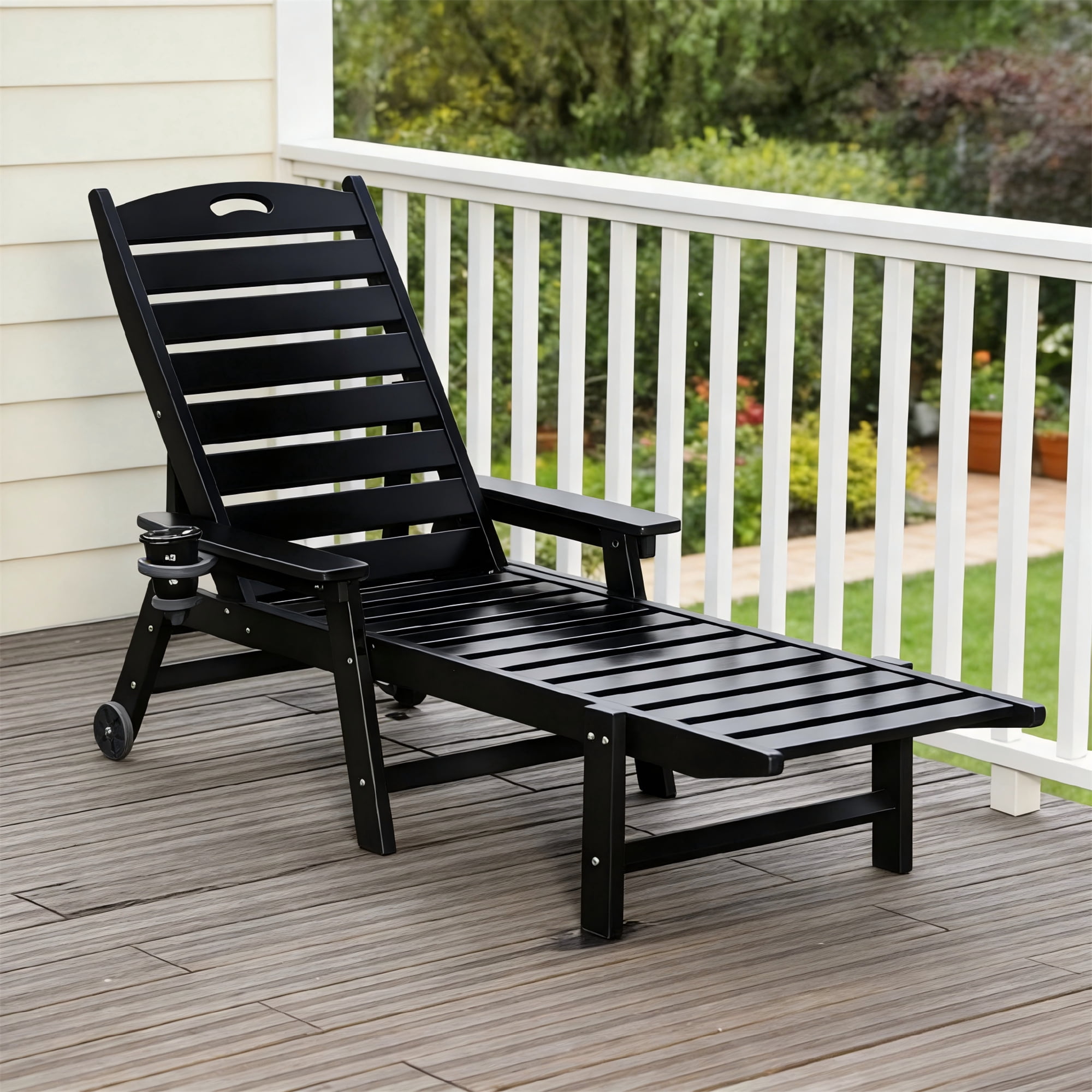 Aukfa HDPE Outdoor Patio Chaise Lounge Chair w/ Cup Holder&Wheels, 360 LBS Capacity, Black