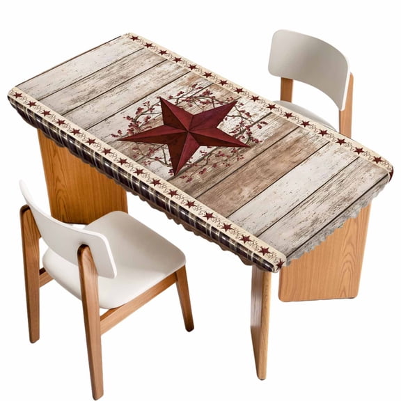 Texas Star Vintage Table Cloths for 6 Foot Rectangle Tables, Red Berry Retro Art Wooden Patio Waterproof Elastic Fitted Tablecloths, Washable Rectangular Table Cover for Camping