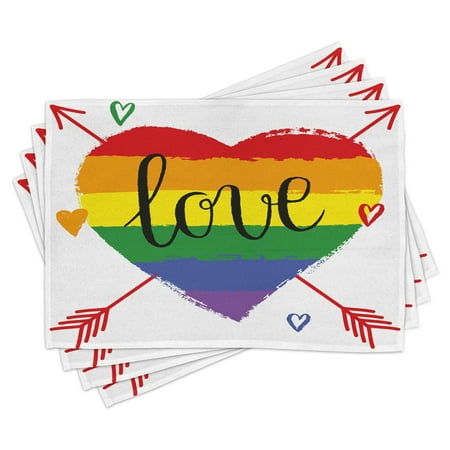 

Pride Placemats Set of 4 Hand Drawn Rainbow Heart with Arrows and Doodles Love Word Homosexuality Special Day Washable Fabric Place Mats for Dining Room Kitchen Table Decor Multicolor by Ambesonne