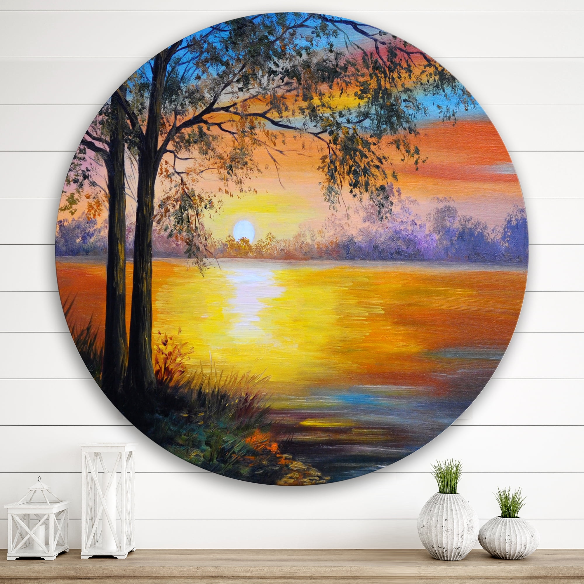 Designart 'Tree Near The Lake in Evening' Traditional Circle Metal Wall Art 36x36 - Disc of 36