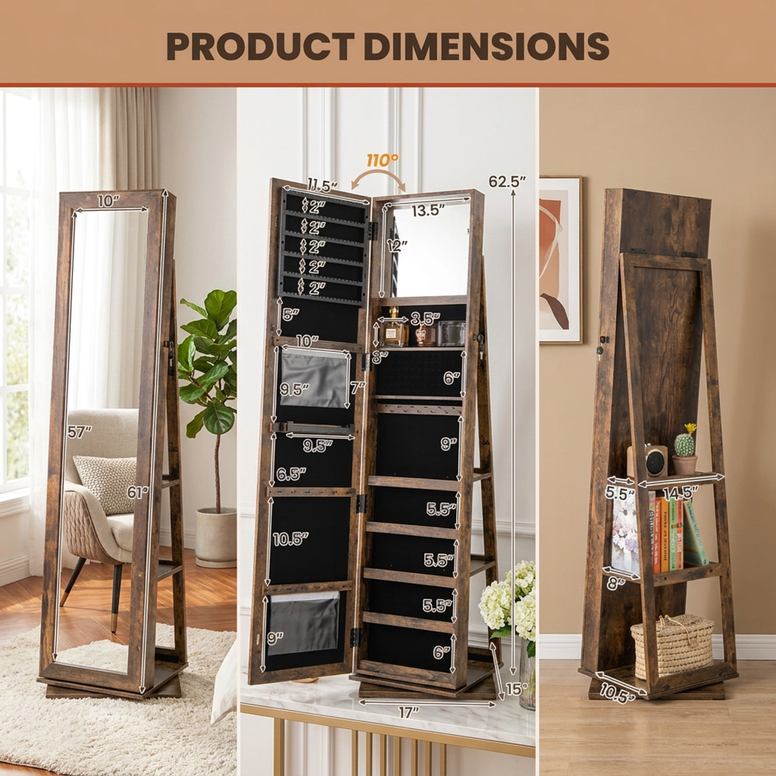 Furnibear 360° Swivel Jewelry Armoire Standing Jewelry Organizer with Full Length Mirror and Back Shelves for Bedroom Dressing Room, Rustic Brown