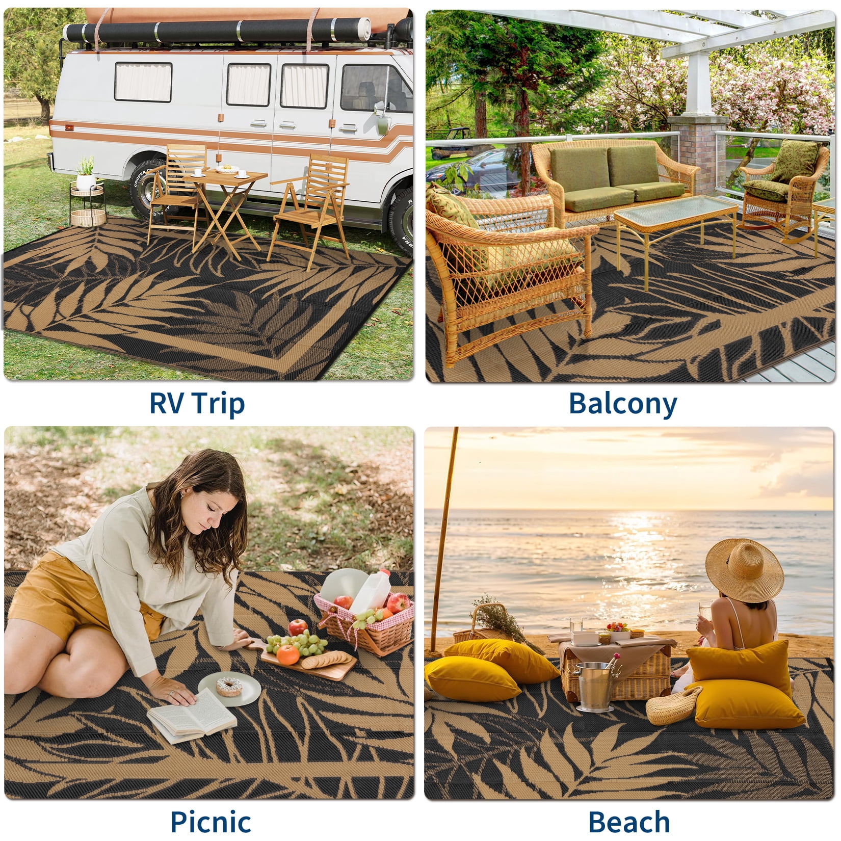 Garvee 9'x12' Waterproof Outdoor Rug Leaf Pattern Bordered Plastic Patio Mat, Modern Reversible Non-Slip Outdoor Carpet for Camping, RV, Balcony, Porch, Picnic, Black and Brown