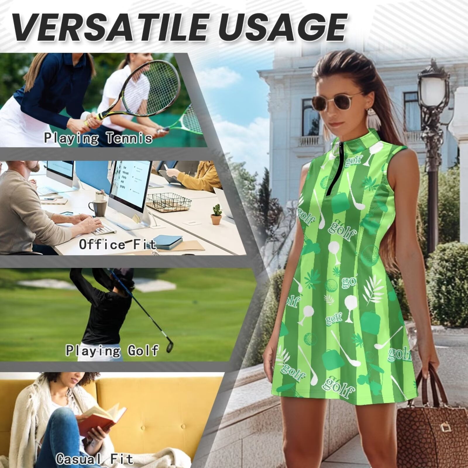 Uorisanigo Green Golf Tennis Golf Dress for Women 2 Pieces Womens Sleeveless Workout Athletic Dresses Quarter Zip Daily Wear Size M Quick Dry Outing Wear