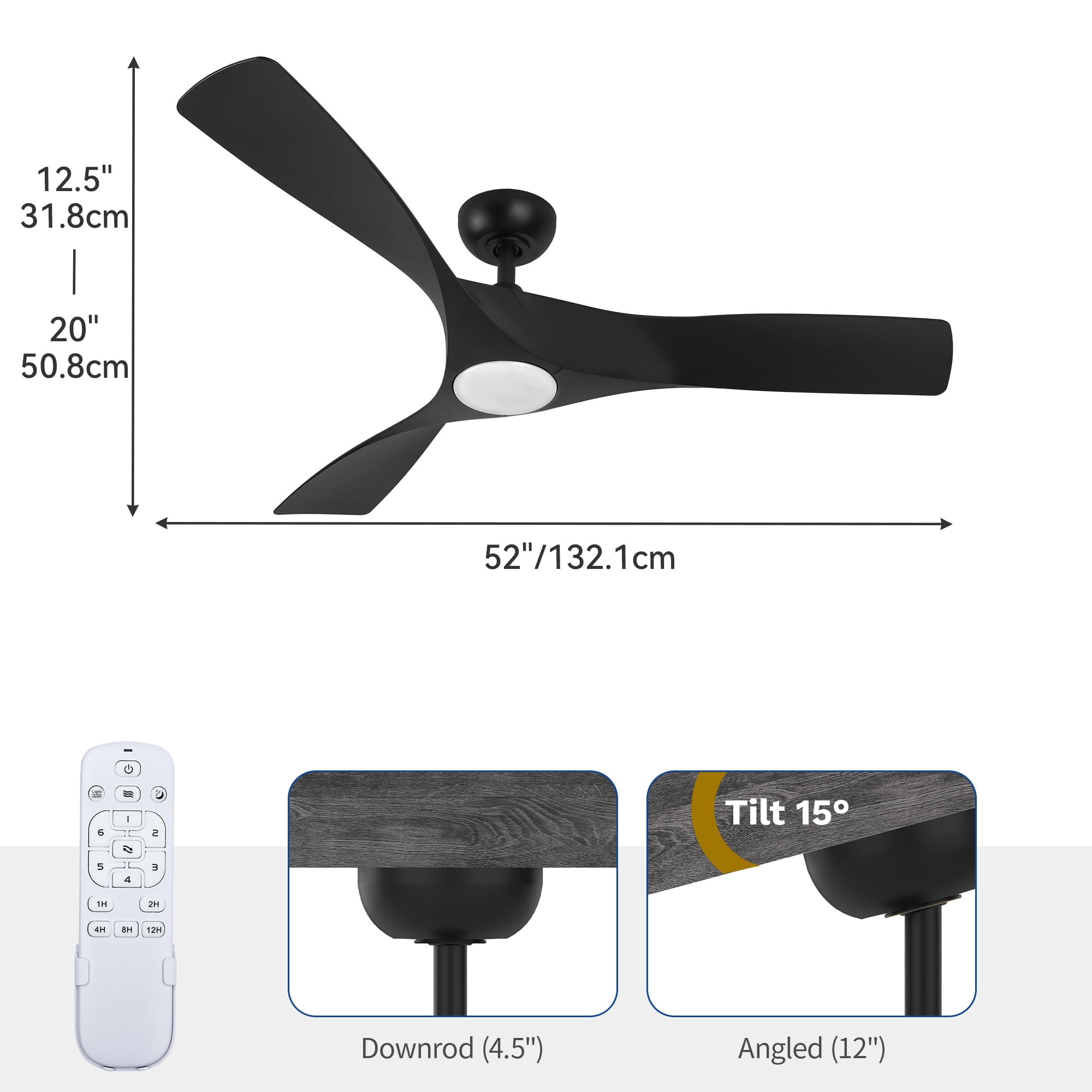 Uforic 52" Ceiling Fan with Light: Energy-Efficient, 6-Speed, Dimmable LED, Quiet DC Motor, Remote Control, and Reversible Blades for All Seasons (Black)