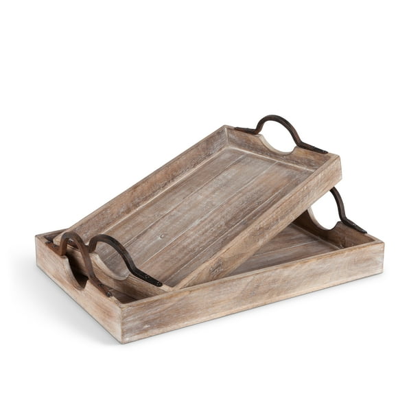 Artisan Serving Trays Constructed of Mango Wood with Metal Handles (Set of 2)