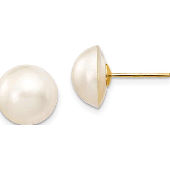 14K Yellow Gold 10-11mm White Freshwater Cultured Mabe Pearl Post Earrings Made In China xmp92