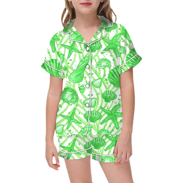 2025 Tenues pour Filles & Ensemble 2 Pcs Pyjamas Couverture Tenue pour Enfants Graphique Petit Crop Top Tenues Imprimé Manches Courtes Bouton avec Couverture Chemise Shorts Pyjama