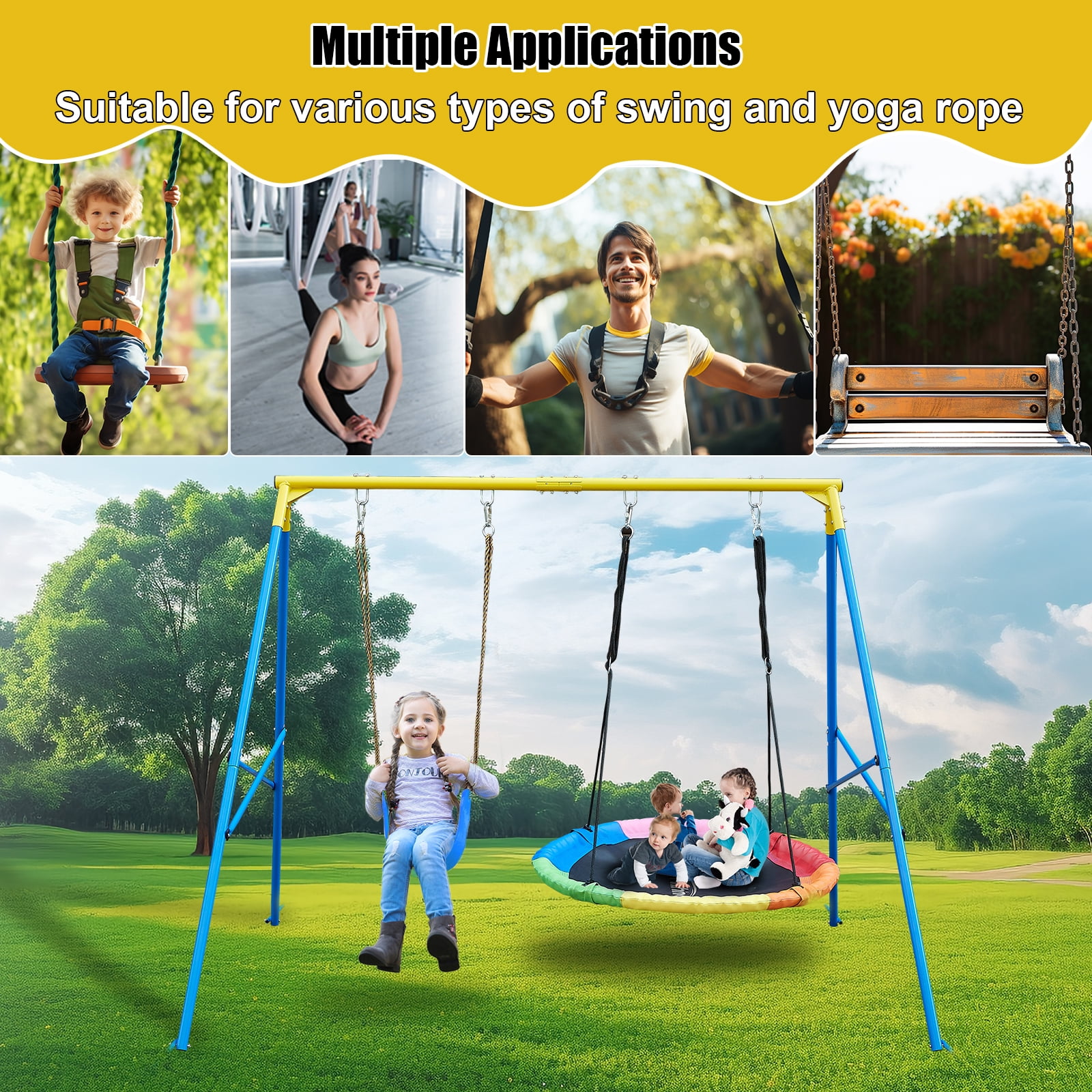 Hishine Swing Stand Metal Frame for Backyard, Heavy Duty Full Steel A-Frame with Ground Stakes, Fits 2 Swings Extra Large Outdoor 550lbs