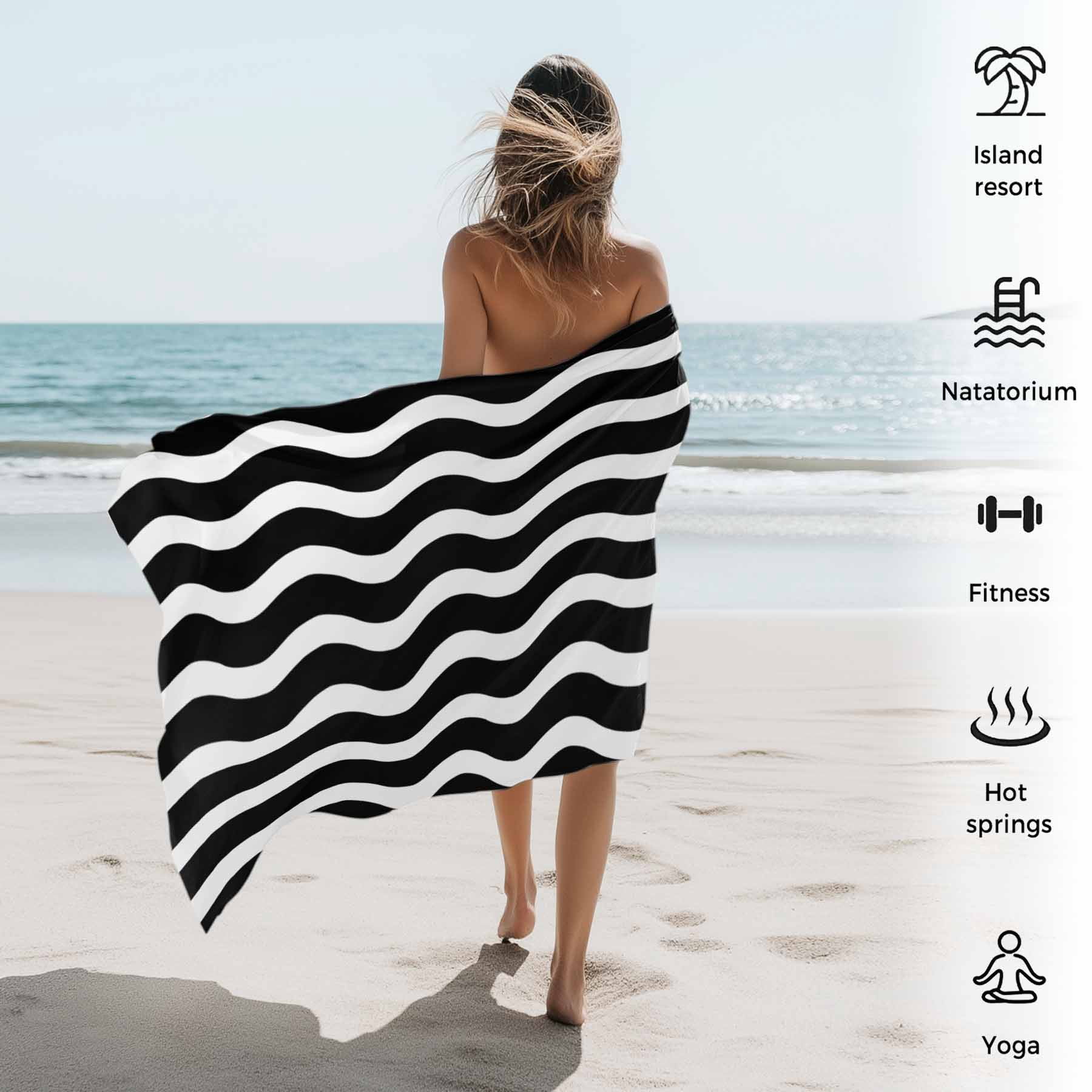 Geometric Striped Pattern Beach Towels Blanket Soft&Absorbent Quick Dry Microfiber Black and White Wave Pattern Pool Towels for Swimming ,Yoga, Sports, Gym, Camping,Large 35X70in,