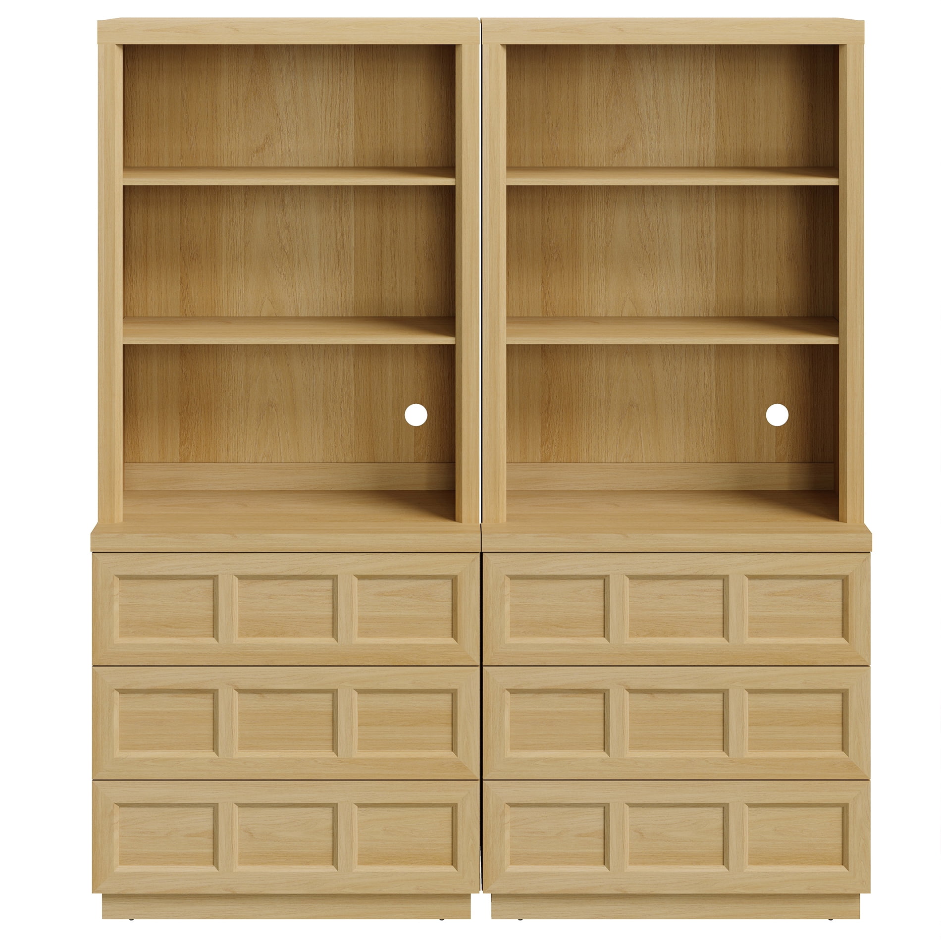 HOMOOI Wood Pantry Cabinet, Boho Freestanding Kitchen Storage Hutch with 2 Adjustable Open Shelves and 6-Large Drawers,Anti-Wobble Storage Organizer for Kitchen, Dining Room, Entryway,Oak