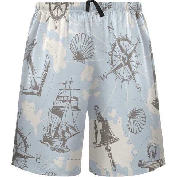 GZHJMY Men's Sleep Short – Vintage Nautical Elements, Pajama Pants with Side Pockets Elastic Waistband Drawstring, Christmas New Year Birthday Gifts, Small