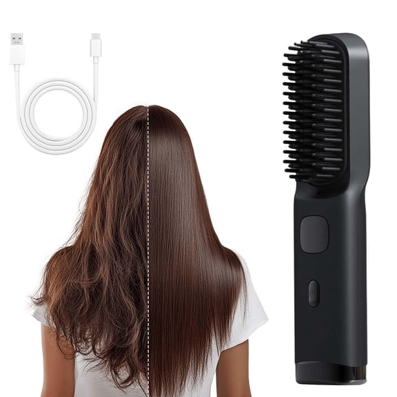 Hair Brush for Short Hair, Cordless Hair Straightening Brush with 30s Quick Heat Up, 4 Adjustable Heat Levels, USB-C Rechargeable for Anti-Frizz Styling