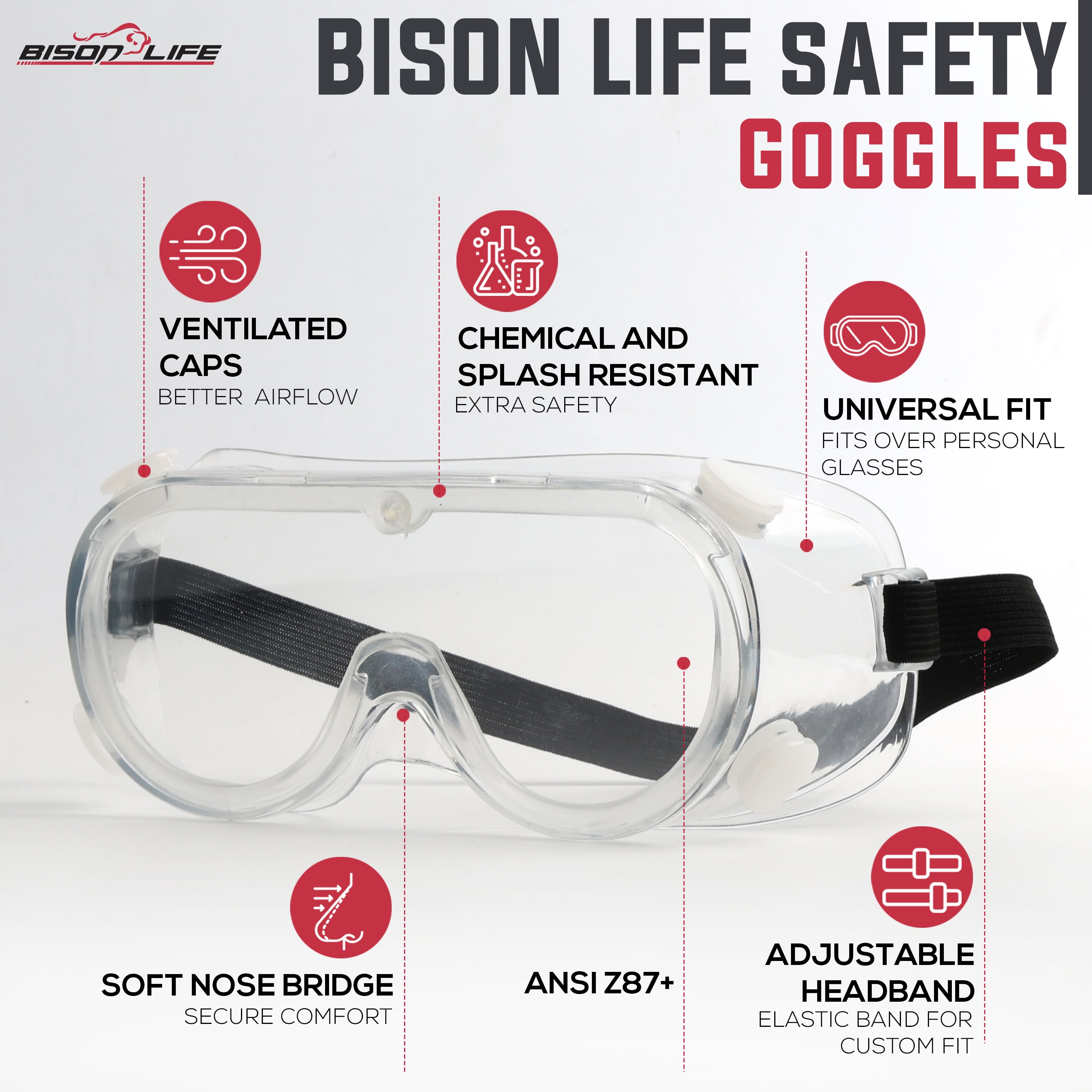 Bison Life 3 Pack Anti-Fog Clear Safety Goggles, Chemical and Splash Resistant, Adjustable Strap, ANSI Z87+